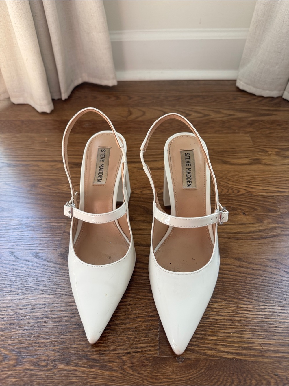 Steve Madden White Patent Pointed Slingback Pumps